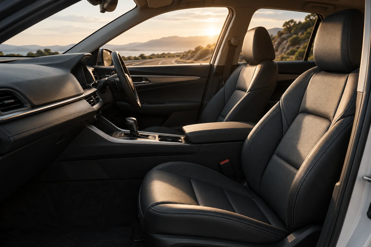 A calm, uncluttered car interior in warm evening light